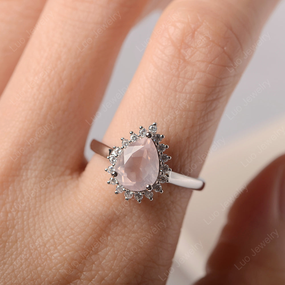 Rose Quartz Pear Halo Engagement Ring Silver - LUO Jewelry