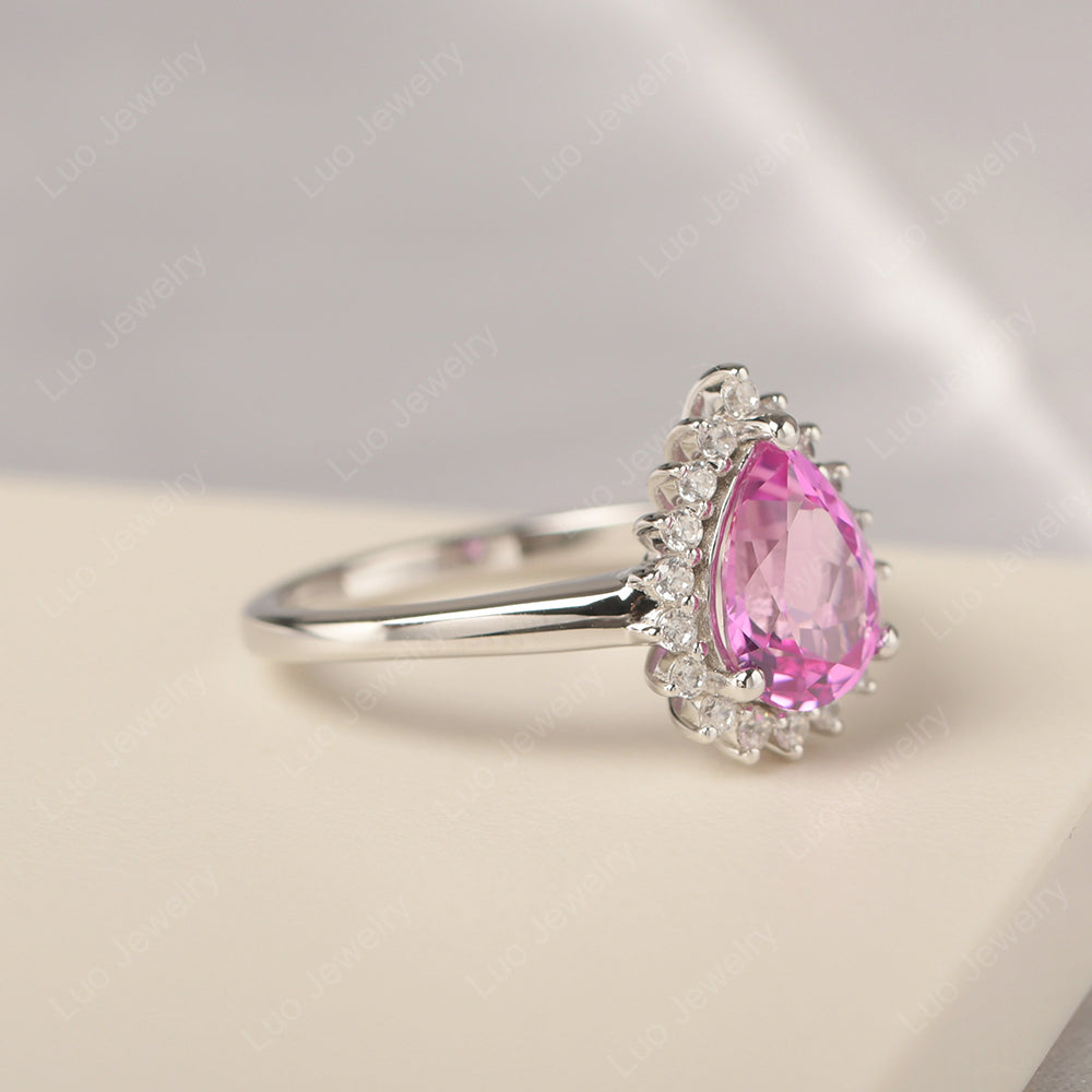 Pink Sapphire Pear Halo Engagement Ring Silver - LUO Jewelry