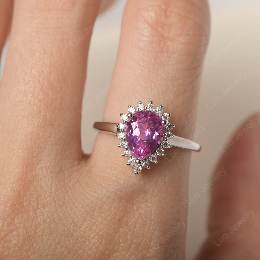 Pink Sapphire Pear Halo Engagement Ring Silver - LUO Jewelry