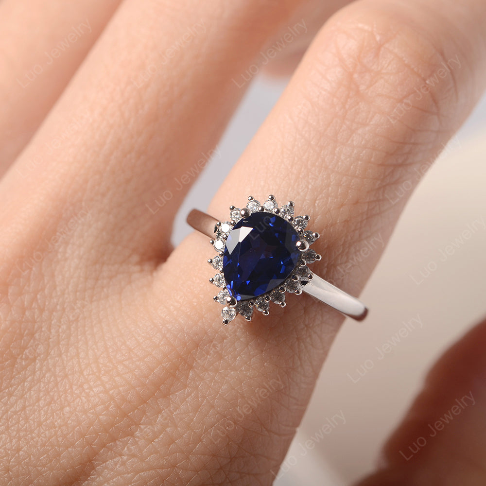 Lab Sapphire Pear Halo Engagement Ring Silver - LUO Jewelry