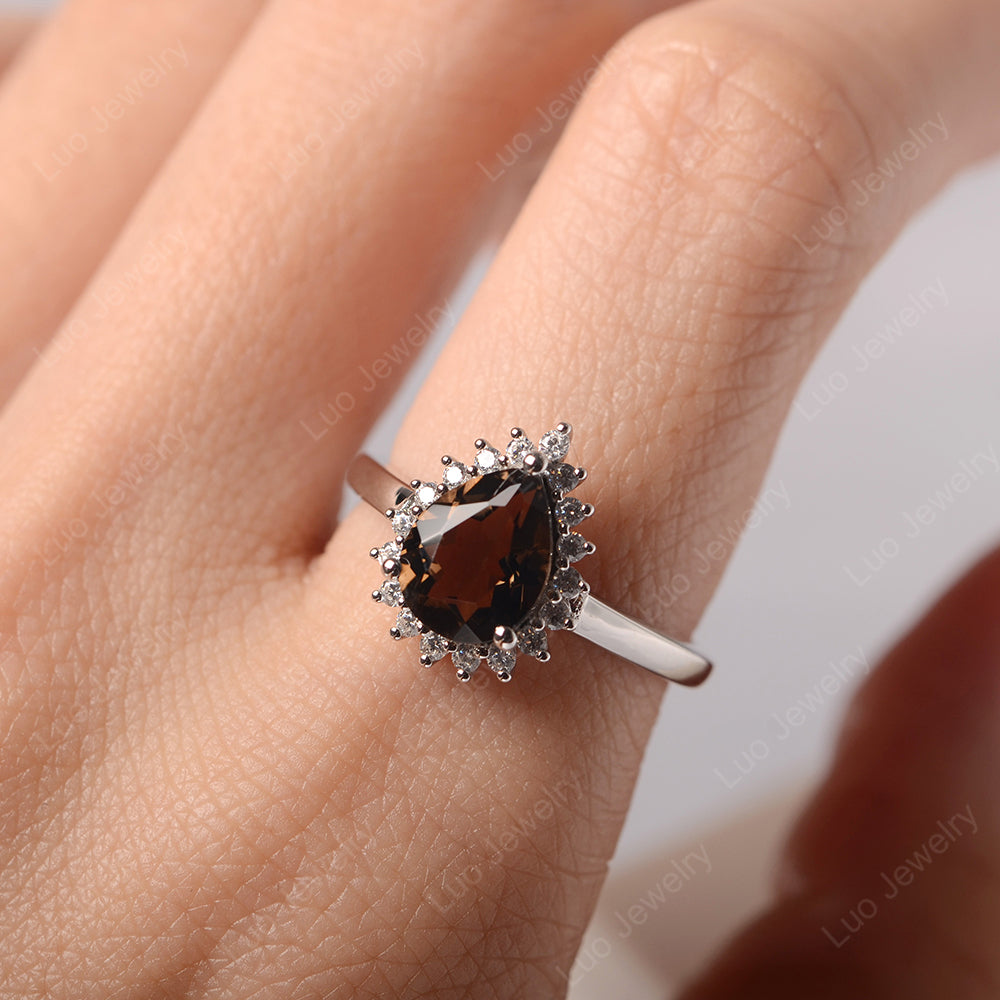 Smoky Quartz Pear Halo Engagement Ring Silver - LUO Jewelry