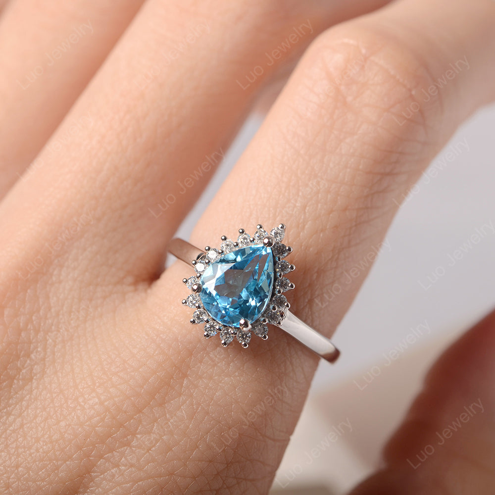 Swiss Blue Topaz Pear Halo Engagement Ring Silver - LUO Jewelry