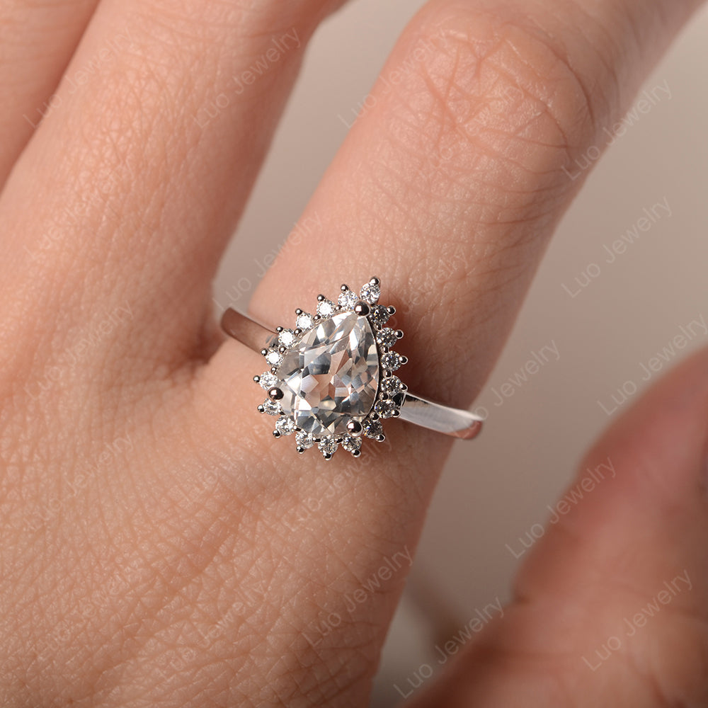 White Topaz Pear Halo Engagement Ring Silver - LUO Jewelry