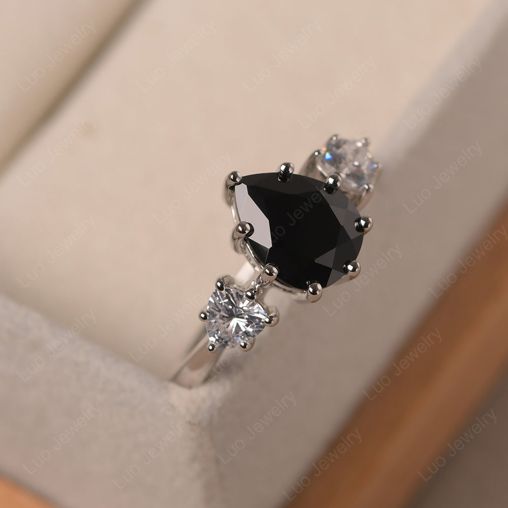 Pear Black Spinel Ring With Trillion Side Stone - LUO Jewelry