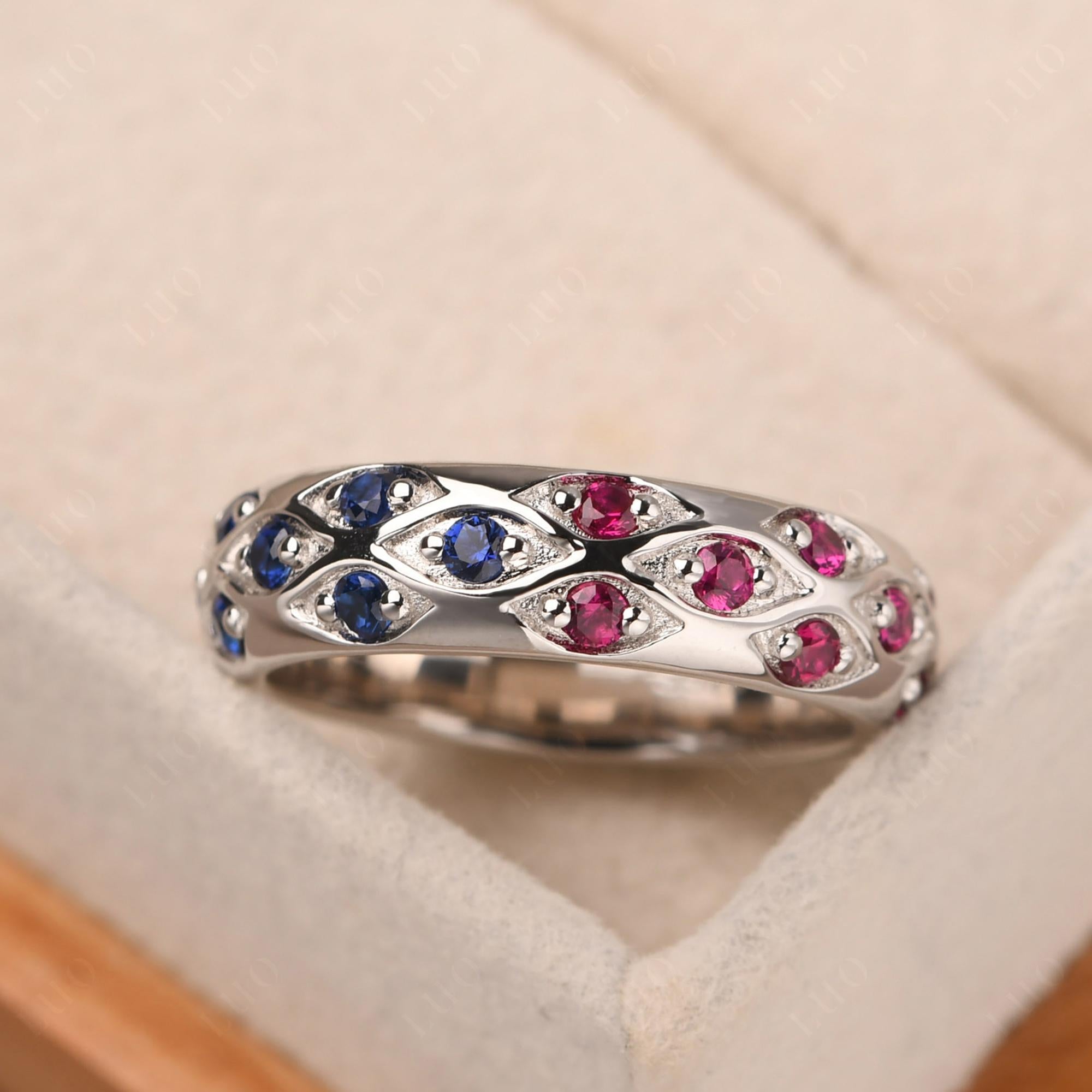 Lab Grown Emerald and Ruby and Sapphire Wide Band Eternity Ring - LUO Jewelry