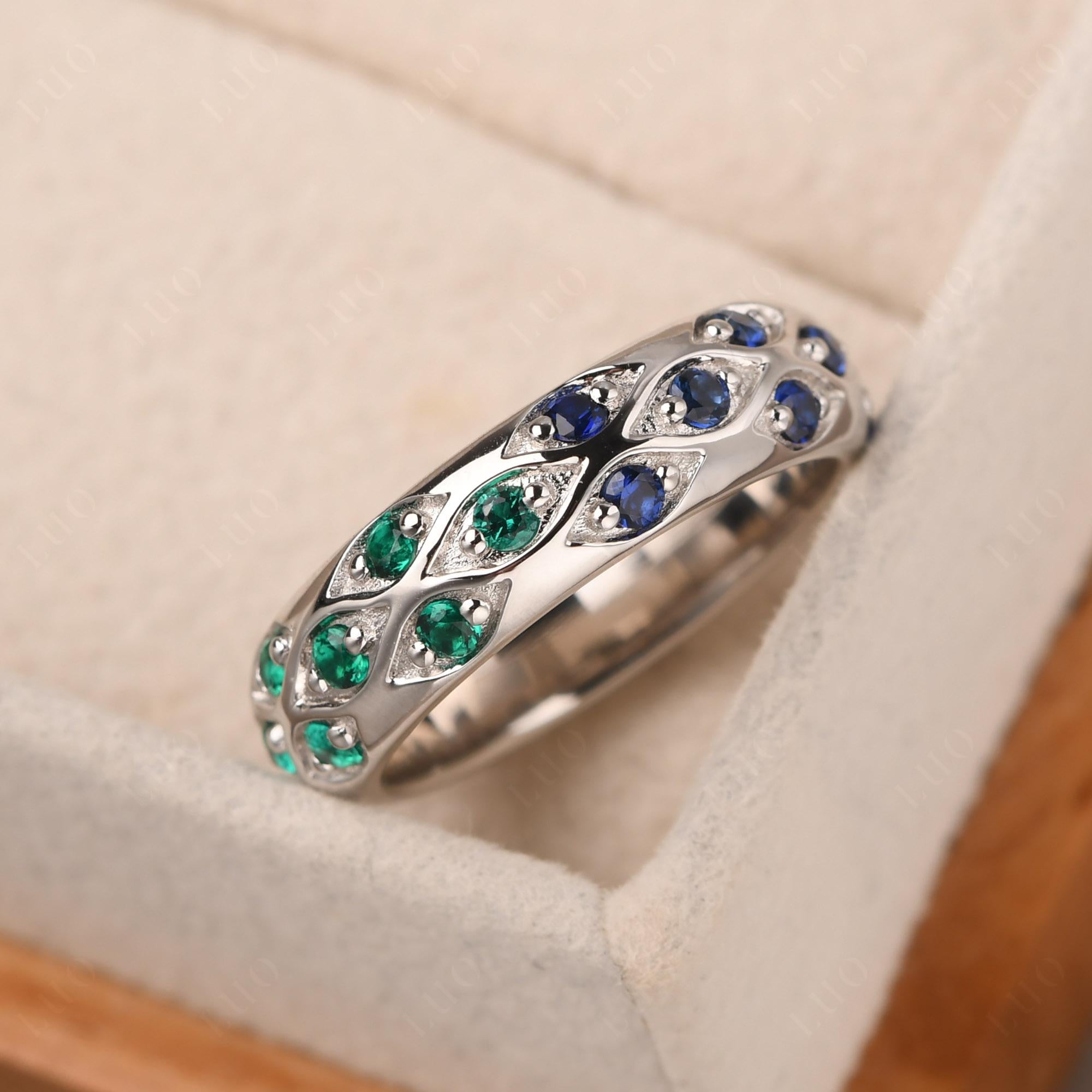 Lab Grown Emerald and Ruby and Sapphire Wide Band Eternity Ring - LUO Jewelry