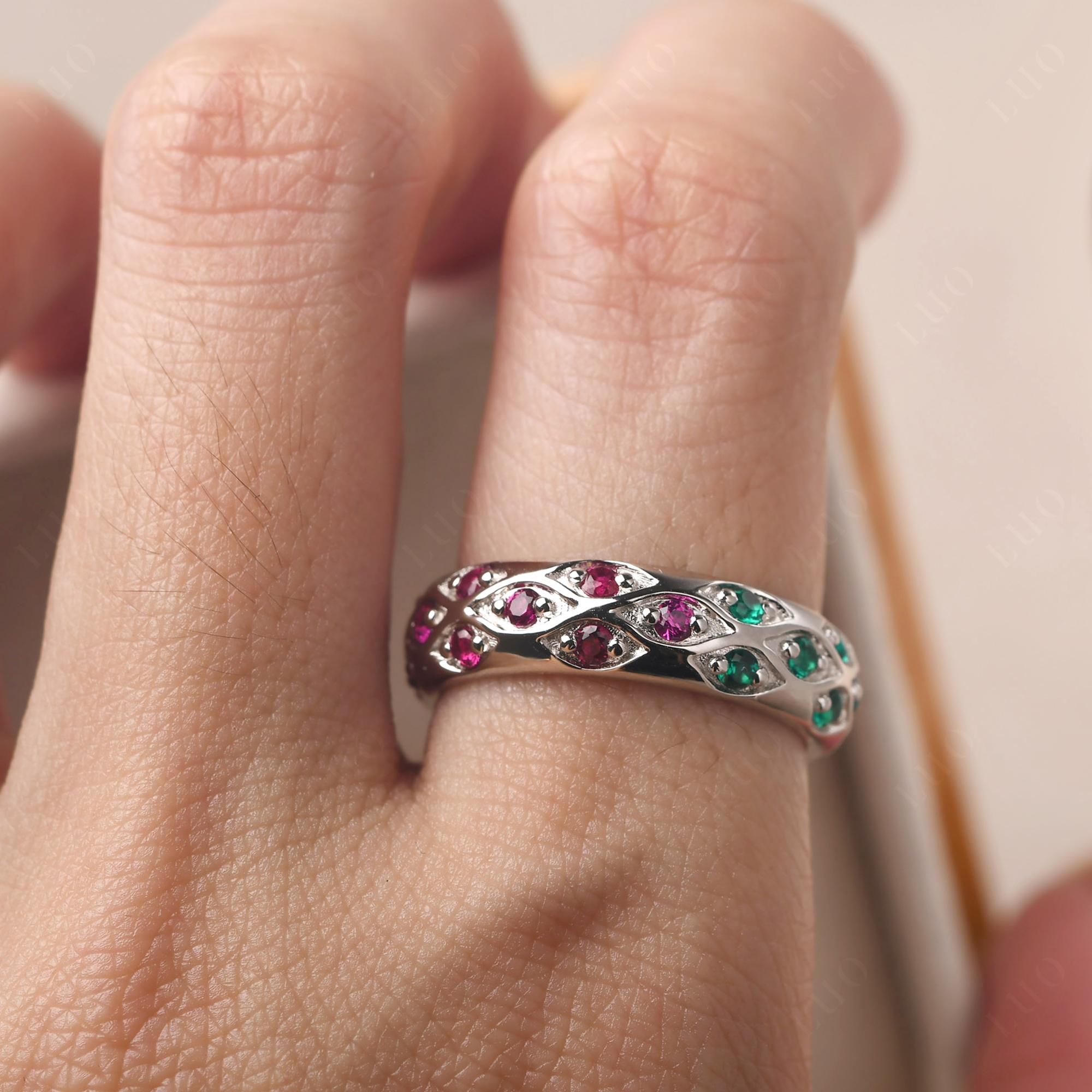 Lab Grown Emerald and Ruby and Sapphire Wide Band Eternity Ring - LUO Jewelry