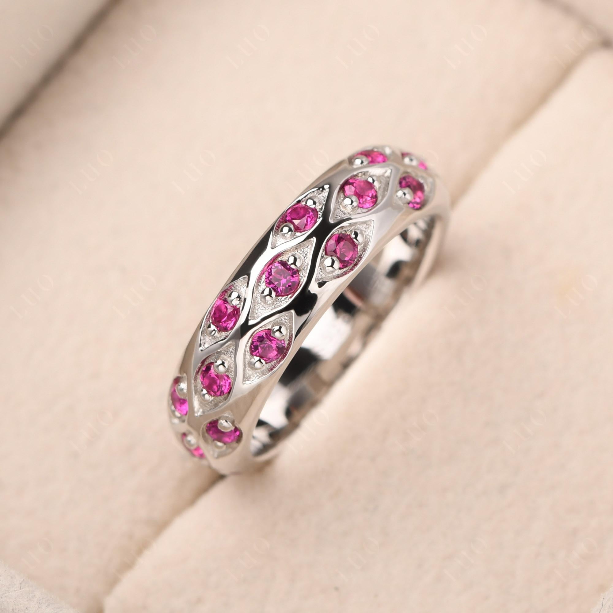 Lab Created Ruby Wide Band Eternity Ring - LUO Jewelry