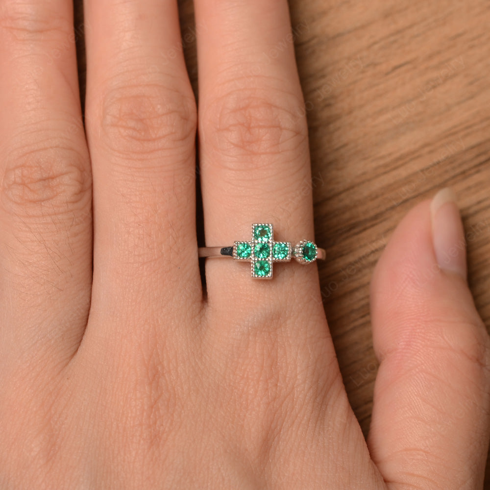 Lab Emerald Cross Ring Mothers Ring 6 Stone - LUO Jewelry
