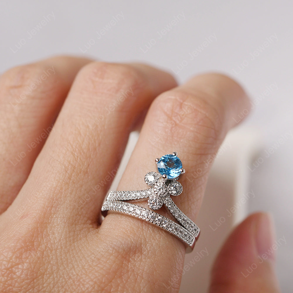 Swiss Blue Topaz Bridal Set Engagement Ring - LUO Jewelry