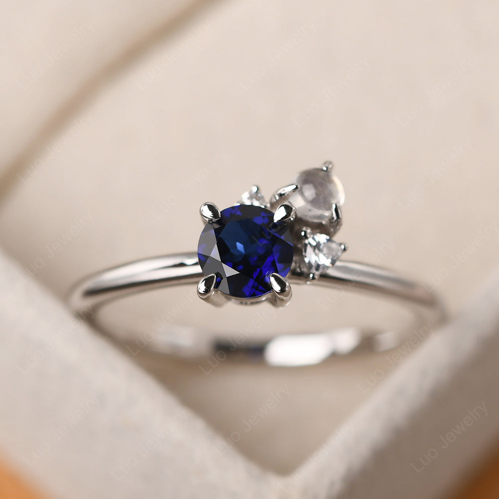 Round Lab Sapphire Engagement Ring White Gold - LUO Jewelry