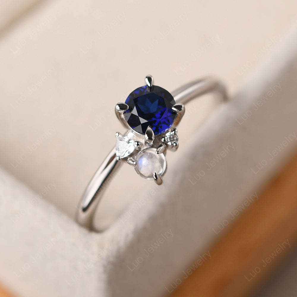 Round Lab Sapphire Engagement Ring White Gold - LUO Jewelry