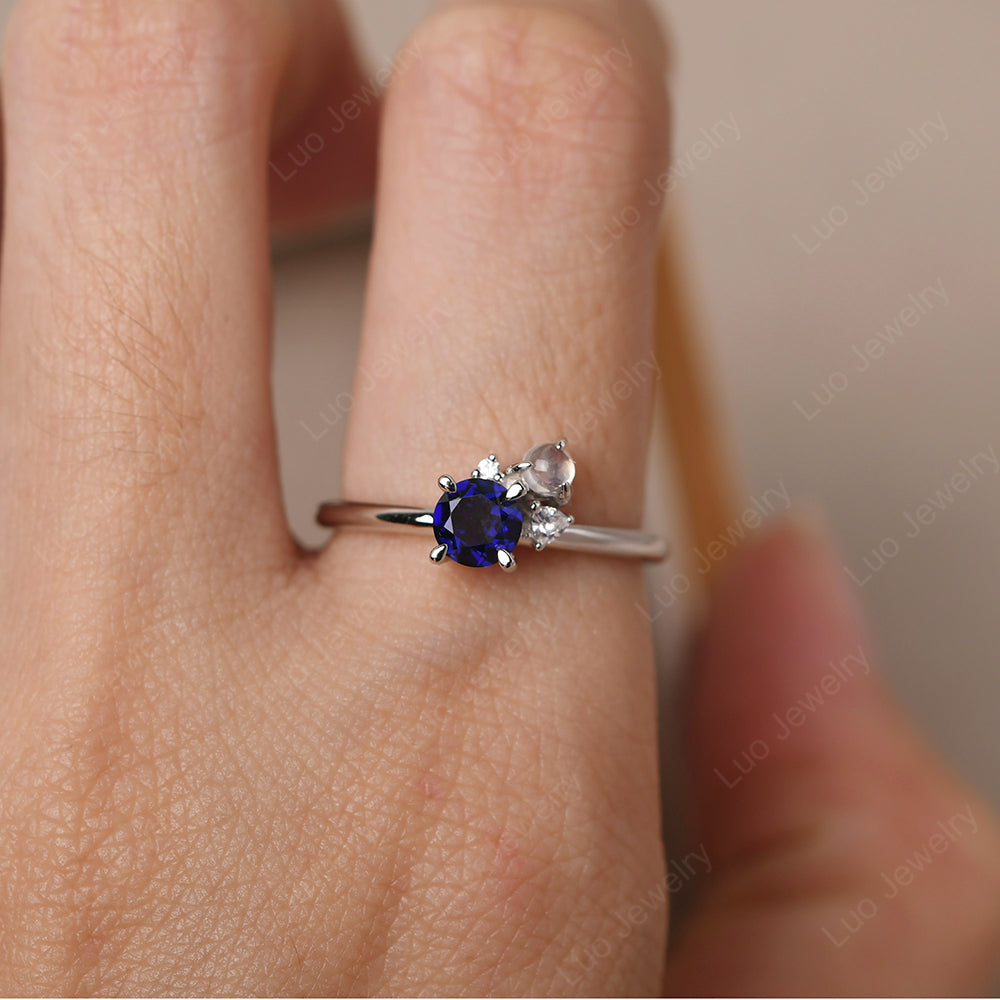 Round Lab Sapphire Engagement Ring White Gold - LUO Jewelry