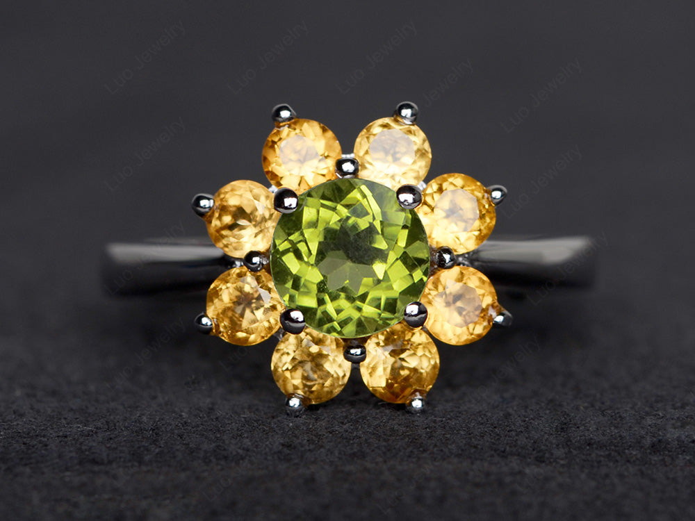 Peridot Flower Ring Halo Engagement Rings - LUO Jewelry