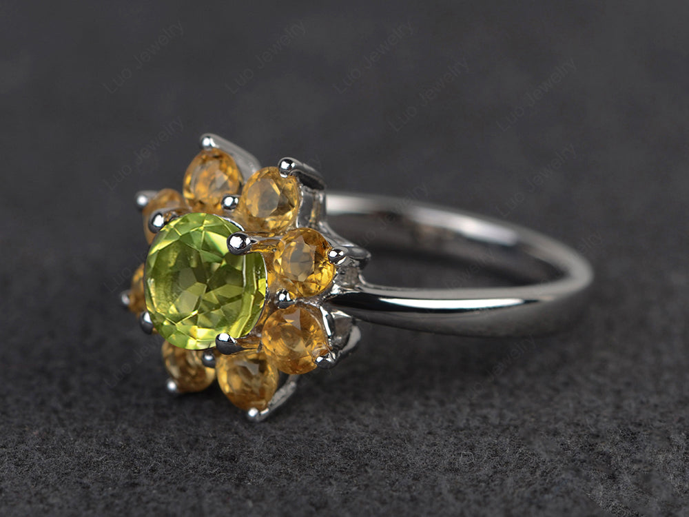 Peridot Flower Ring Halo Engagement Rings - LUO Jewelry