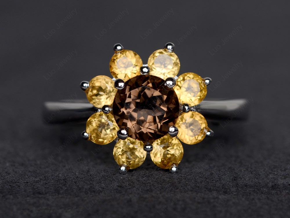Smoky Quartz Sunflower Ring Sunflower Engagement Ring - LUO Jewelry