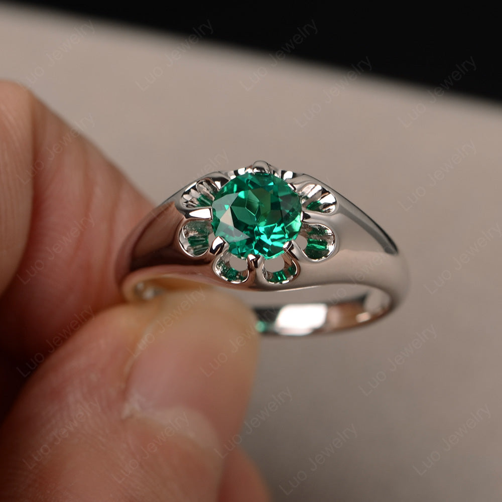 Vintage Lab Emerald Solitaire Ring Yellow Gold - LUO Jewelry