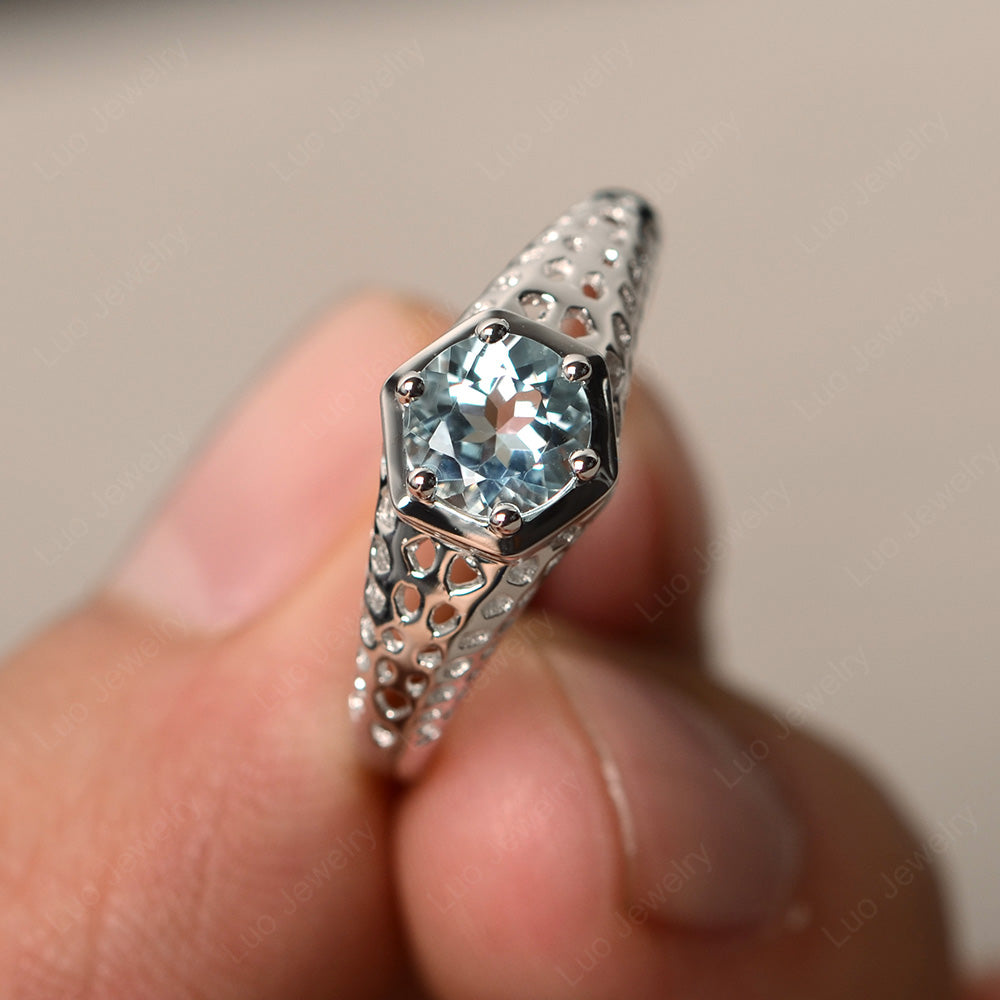 6 Prong Vintage Aquamarine Solitaire Engagement Ring - LUO Jewelry