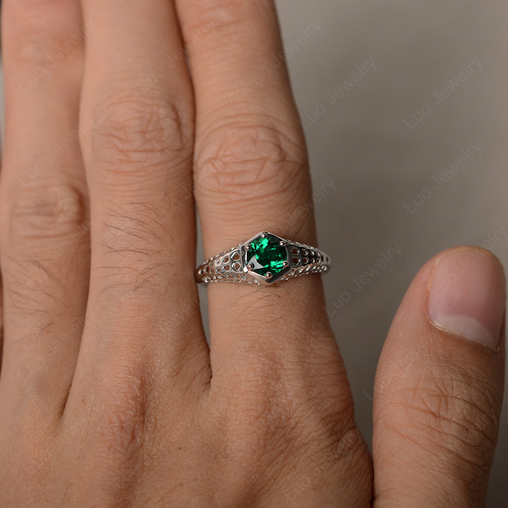 6 Prong Vintage Lab Emerald Solitaire Engagement Ring - LUO Jewelry