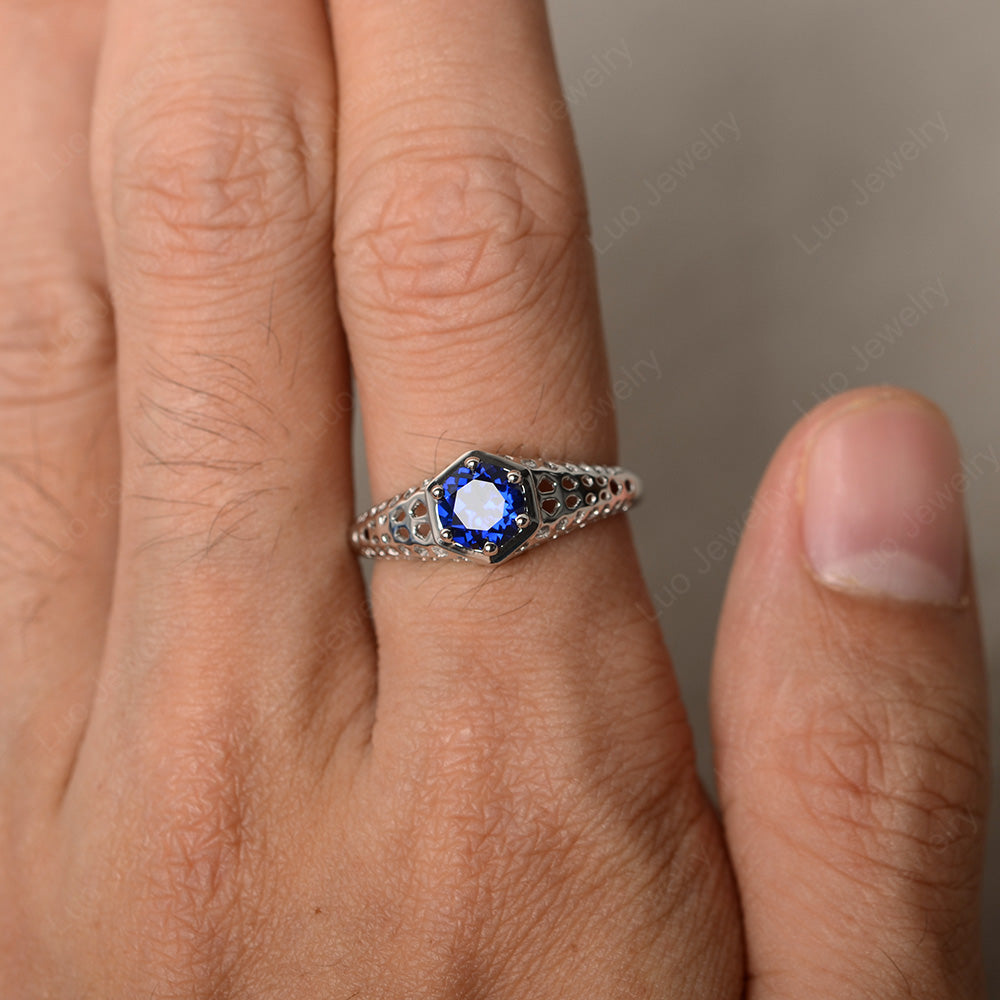 6 Prong Vintage Lab Sapphire Solitaire Engagement Ring - LUO Jewelry