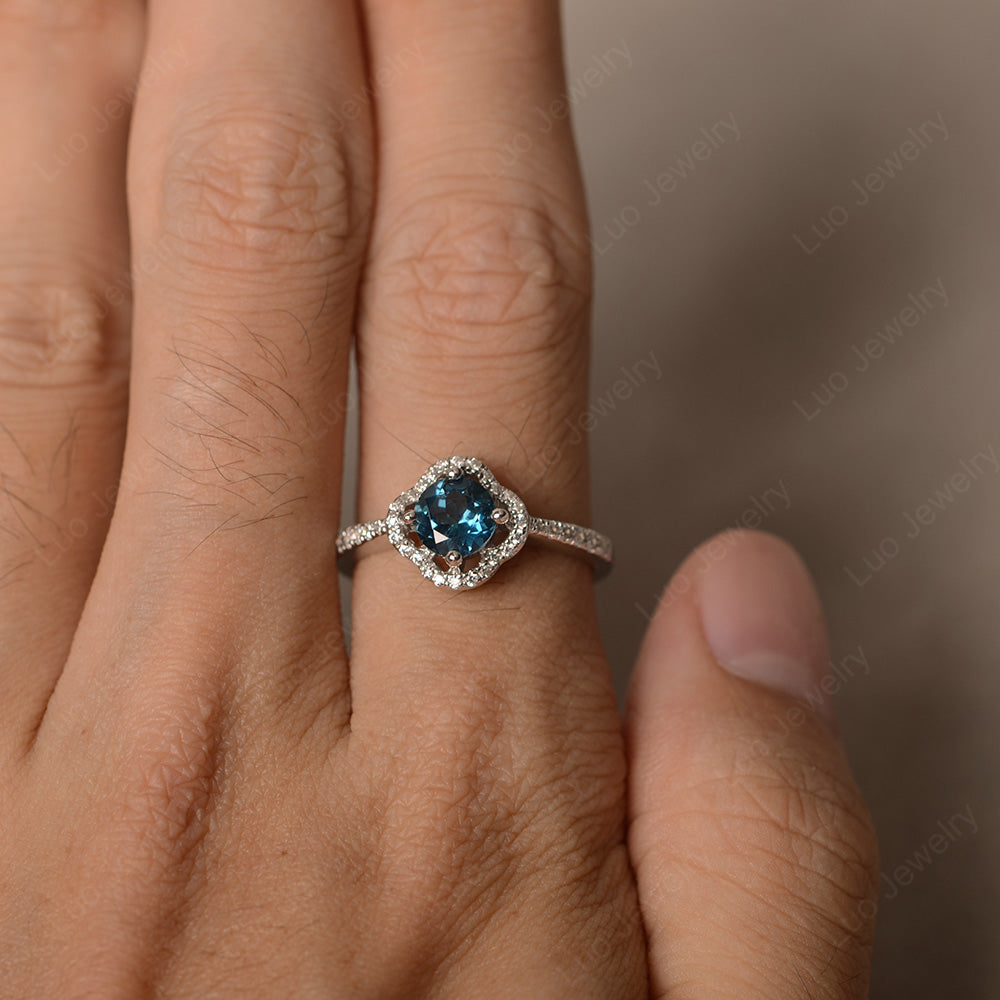 London Blue Topaz Halo Flower Engagement Ring Gold - LUO Jewelry