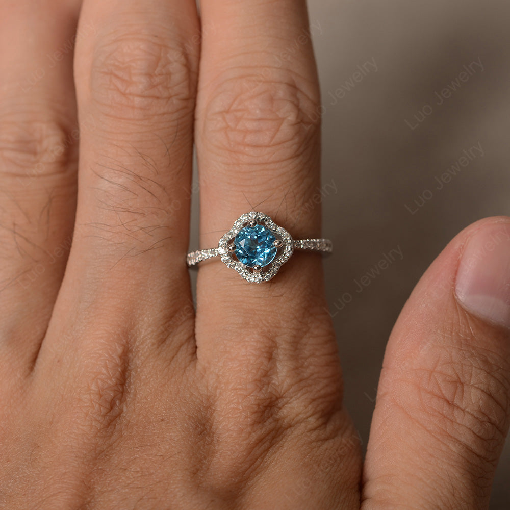 Swiss Blue Topaz Halo Flower Engagement Ring Gold - LUO Jewelry
