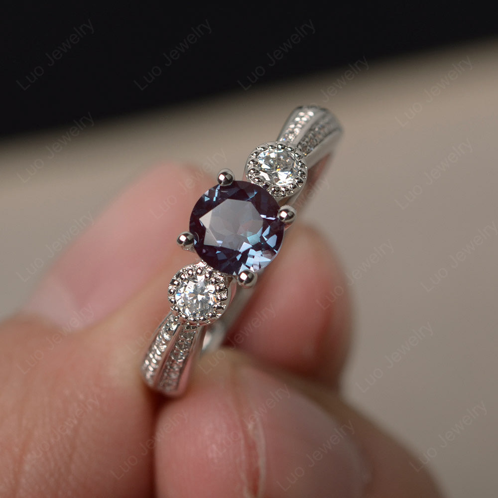 Round Cut Alexandrite Wedding Ring Art Deco Gold - LUO Jewelry