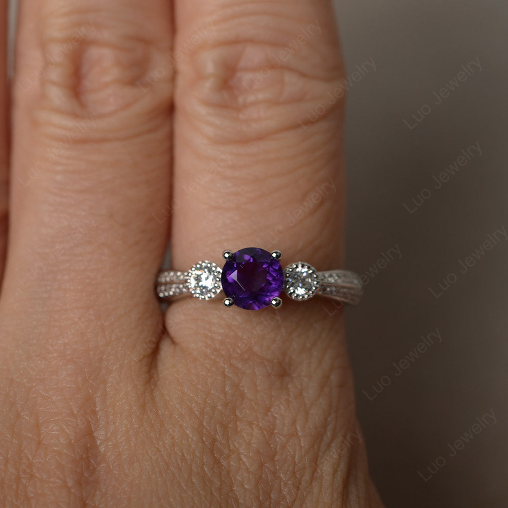 Round Cut Amethyst Wedding Ring Art Deco Gold - LUO Jewelry