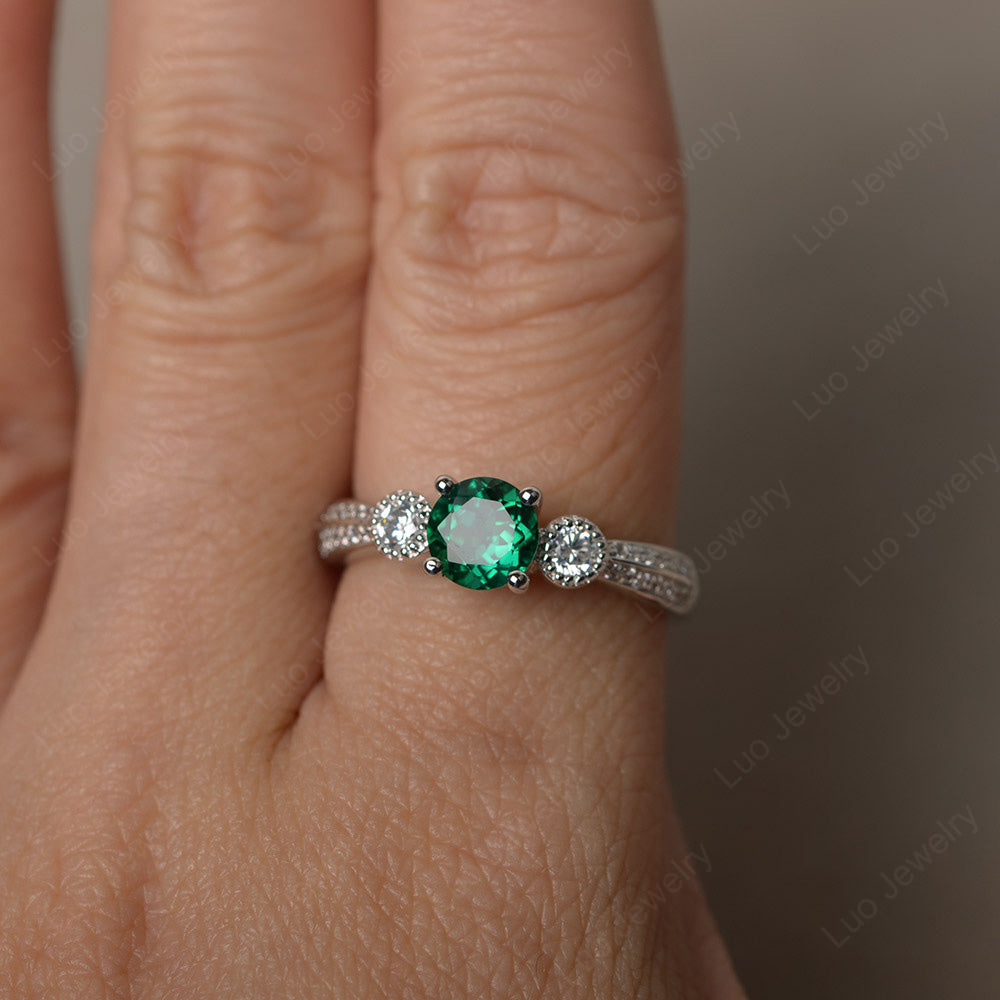 Round Cut Lab Emerald Wedding Ring Art Deco Gold - LUO Jewelry