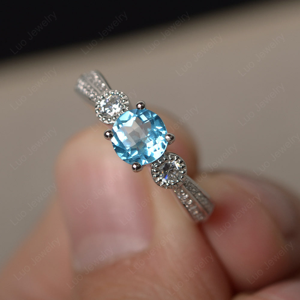 Round Cut Swiss Blue Topaz Wedding Ring Art Deco Gold - LUO Jewelry