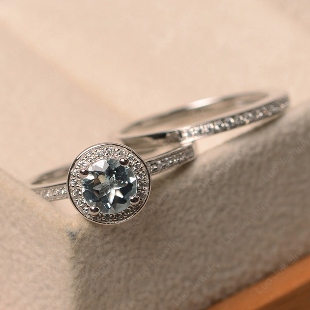 Round Cut Aquamarine Halo Bridal Set Ring - LUO Jewelry