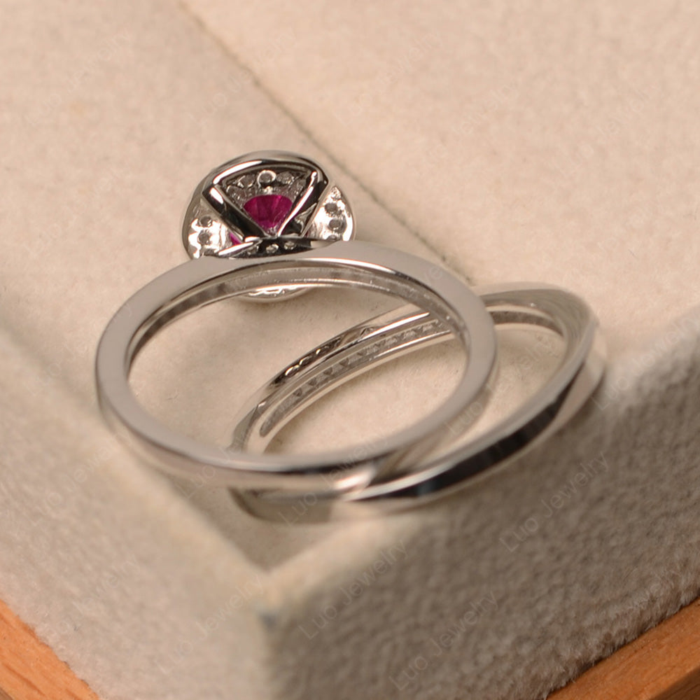 Round Cut Ruby Halo Bridal Set Ring - LUO Jewelry