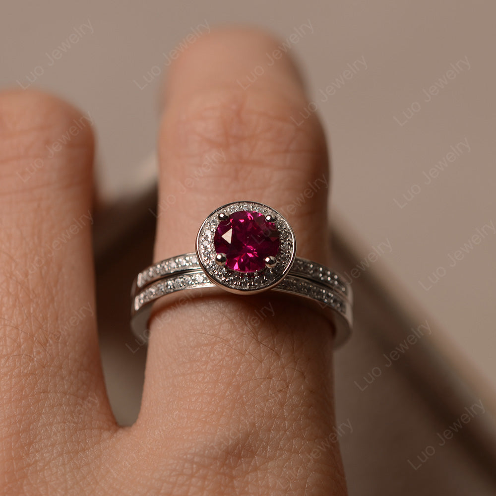 Round Cut Ruby Halo Bridal Set Ring - LUO Jewelry