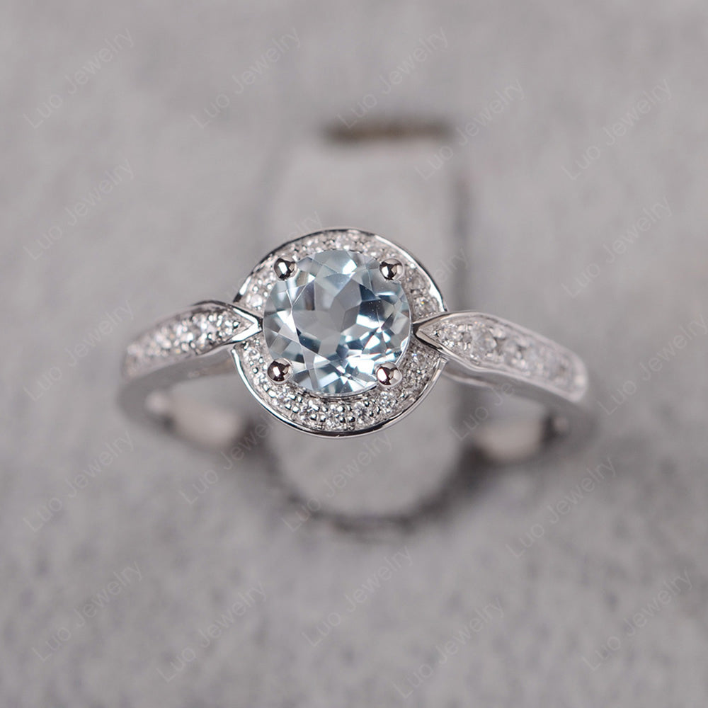 Round Cut Aquamarine Halo Wedding Ring Gold - LUO Jewelry