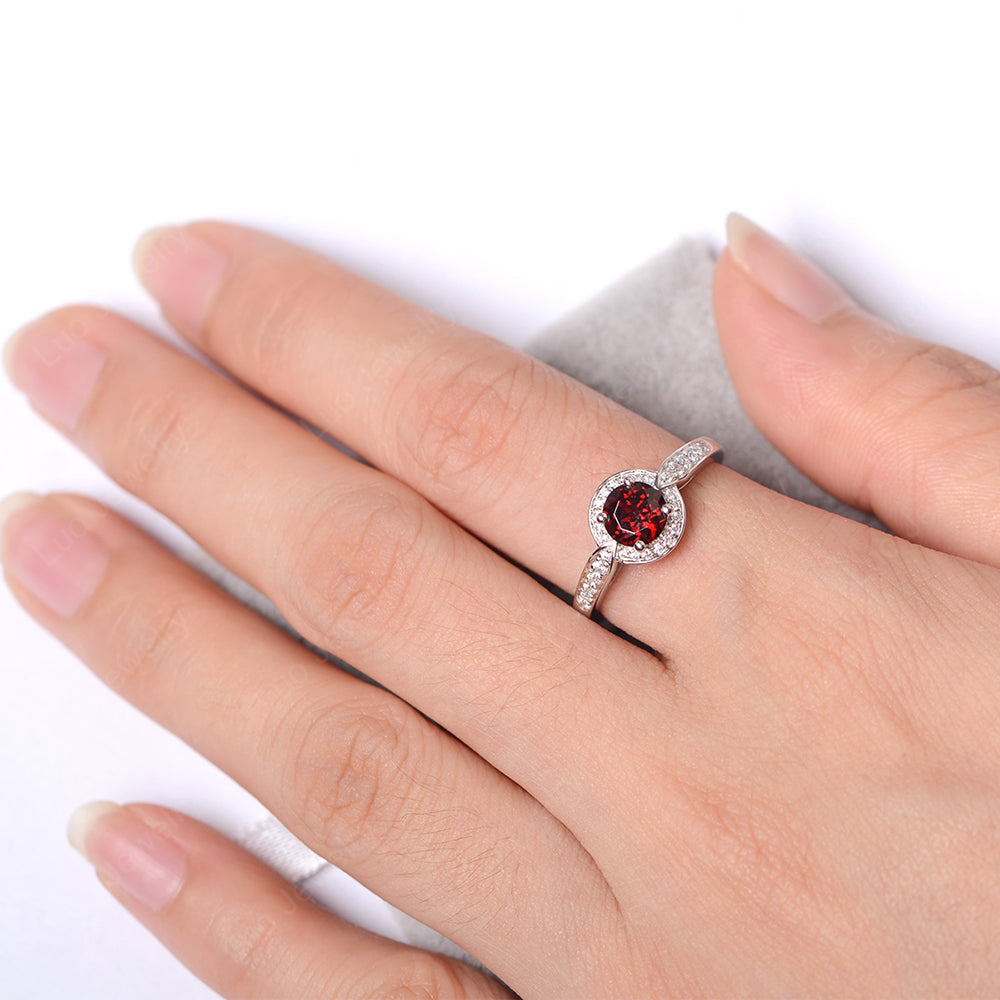 Round Cut Garnet Halo Wedding Ring Gold - LUO Jewelry
