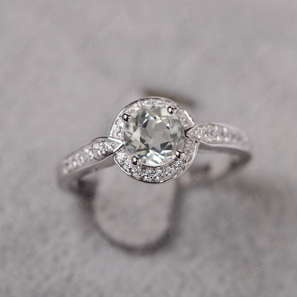 Round Cut Green Amethyst Halo Wedding Ring Gold - LUO Jewelry