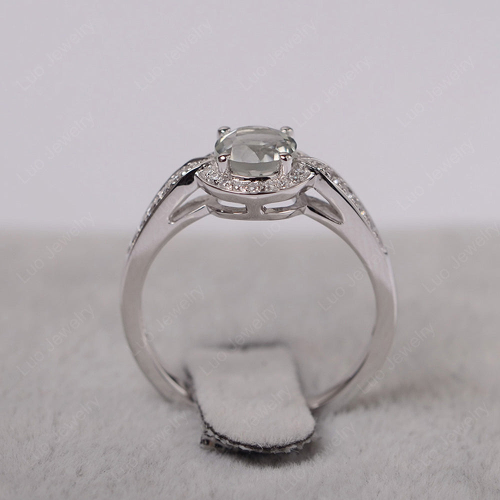 Round Cut Green Amethyst Halo Wedding Ring Gold - LUO Jewelry