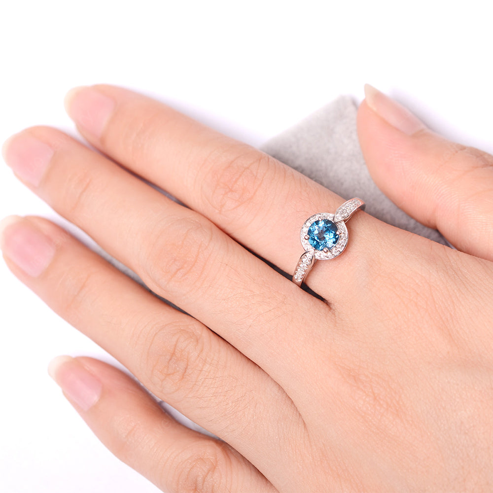 Round Cut London Blue Topaz Halo Wedding Ring Gold - LUO Jewelry