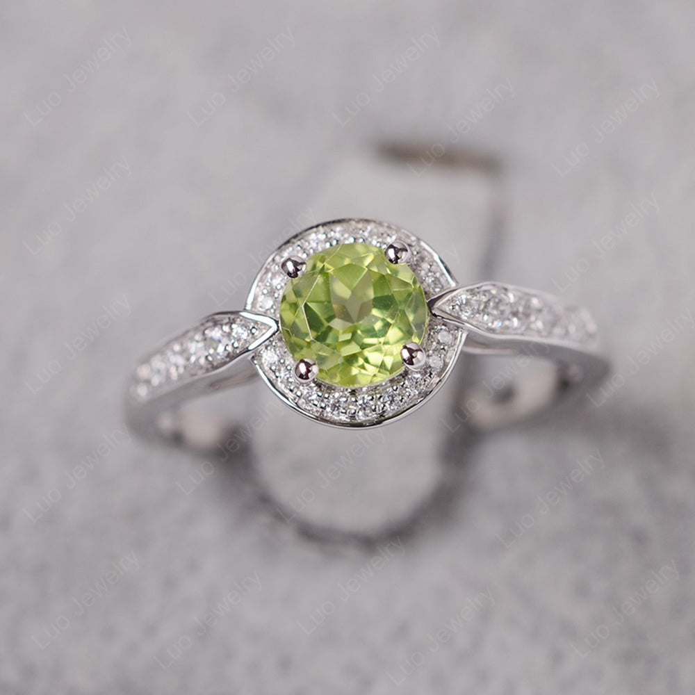 Round Cut Peridot Halo Wedding Ring Gold - LUO Jewelry