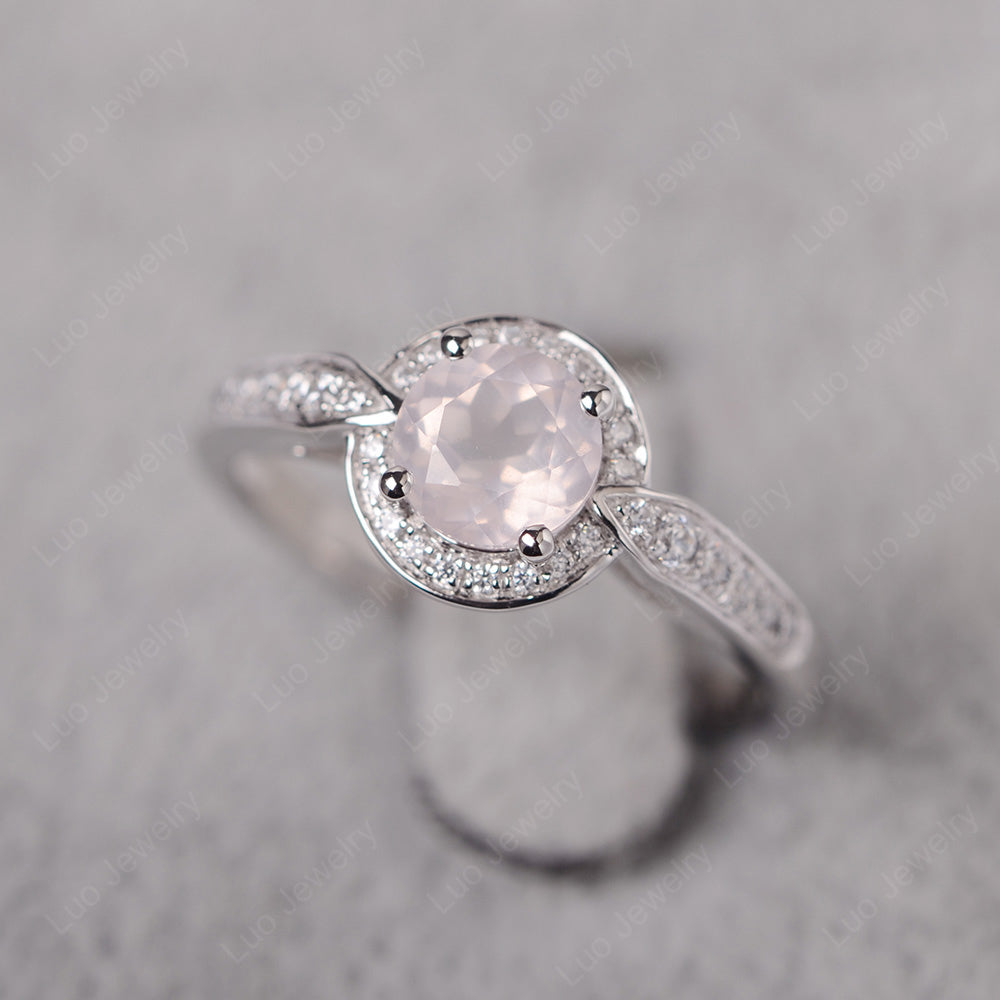 Round Cut Rose Quartz Halo Wedding Ring Gold - LUO Jewelry