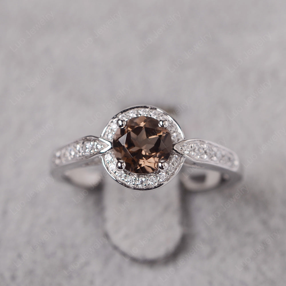 Round Cut Smoky Quartz Halo Wedding Ring Gold - LUO Jewelry