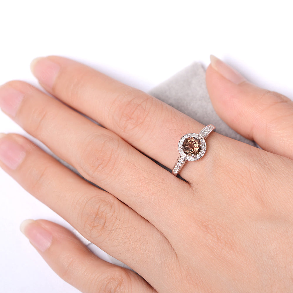 Round Cut Smoky Quartz Halo Wedding Ring Gold - LUO Jewelry