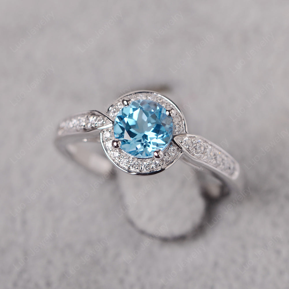 Round Cut Swiss Blue Topaz Halo Wedding Ring Gold - LUO Jewelry