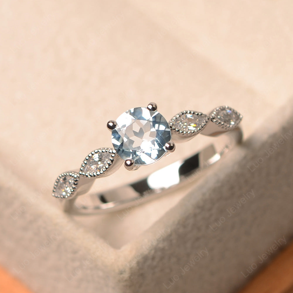 Aquamarine Ring Round Cut Ring Art Deco - LUO Jewelry