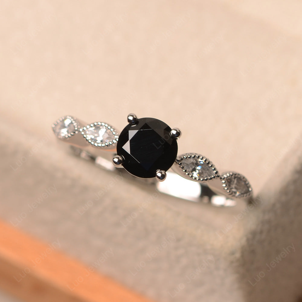 Black Spinel Ring Round Cut Ring Art Deco - LUO Jewelry