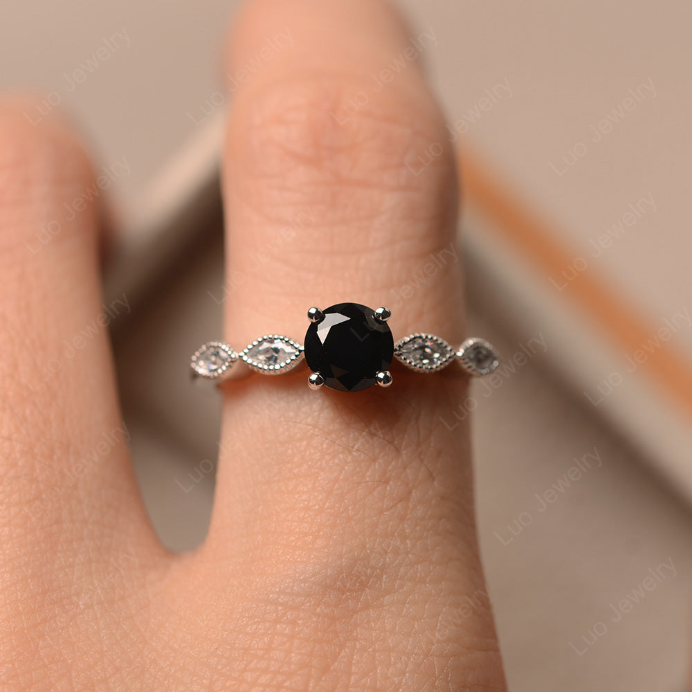 Black Spinel Ring Round Cut Ring Art Deco - LUO Jewelry