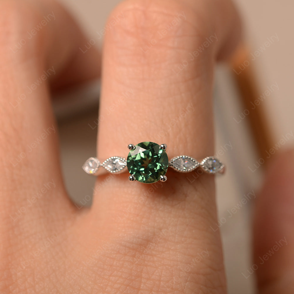 Green Sapphire Ring Round Cut Ring Art Deco - LUO Jewelry