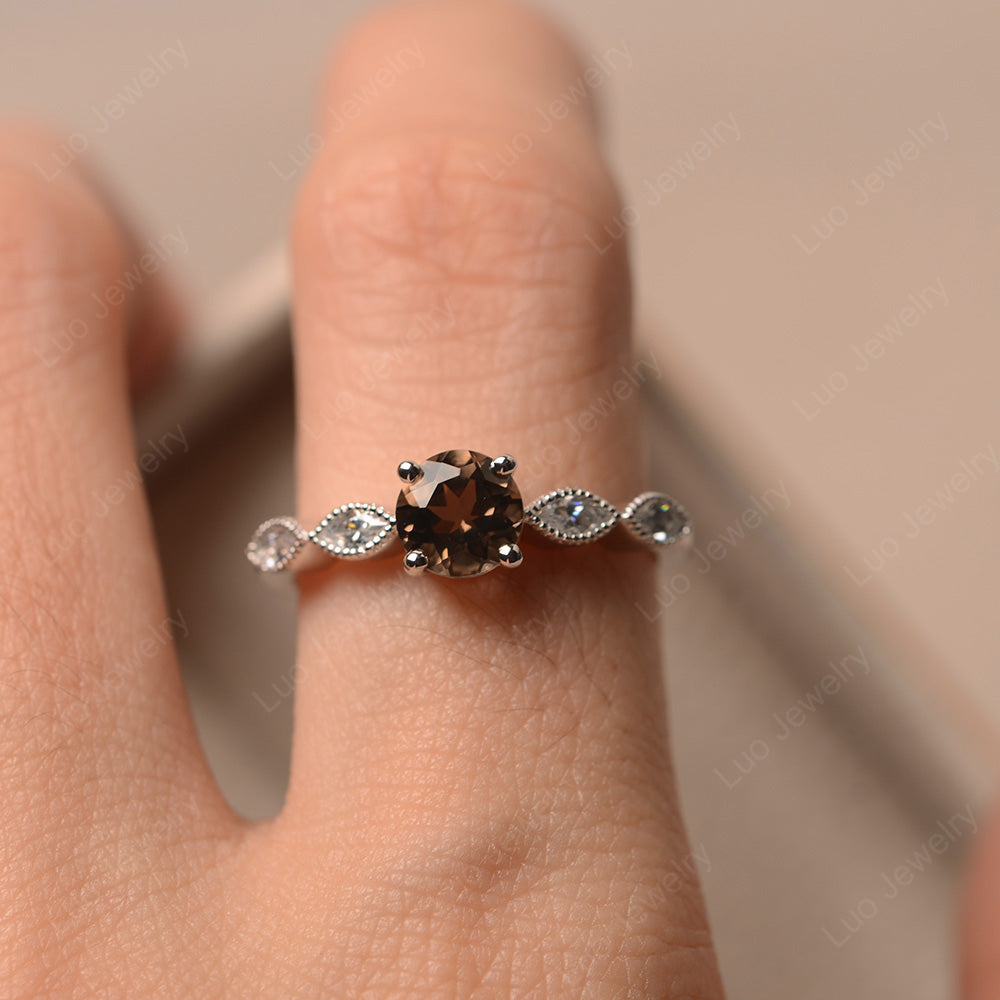 Smoky Quartz  Ring Round Cut Ring Art Deco - LUO Jewelry