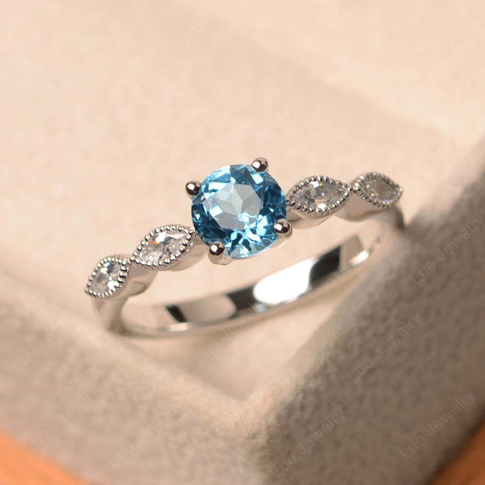 Swiss Blue Topaz Ring Round Cut Ring Art Deco - LUO Jewelry