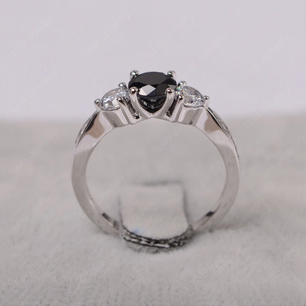 Black Stone Ring Three Stone Engagement Ring - LUO Jewelry